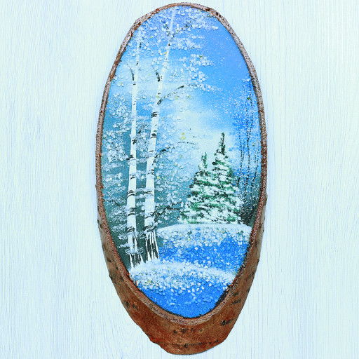 14160301 - Картина на спиле дерева русские березы 30 см зима.