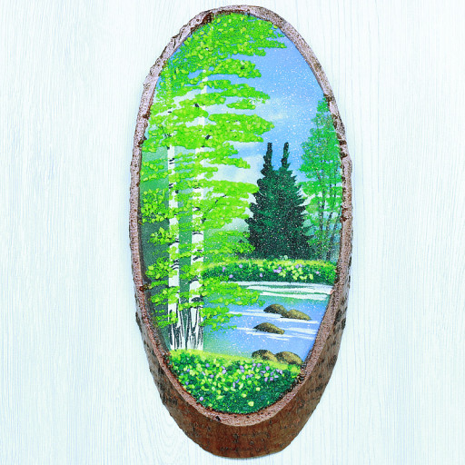 14160331 - Картина на спиле дерева русские березы 30 см лето.