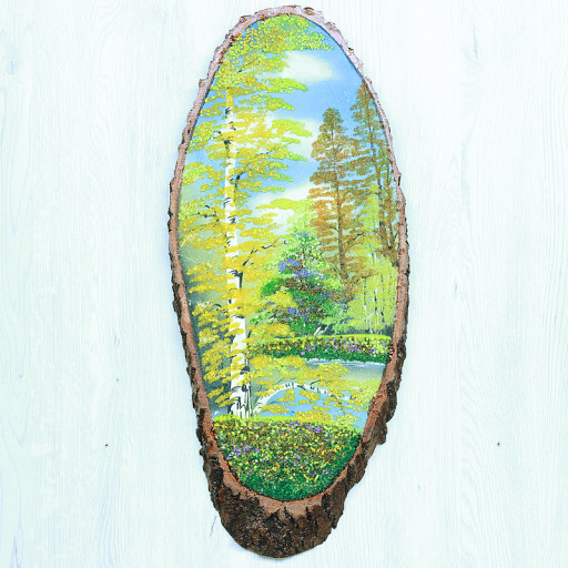 14160863 - Картина на спиле дерева одинокая береза 55 см осень