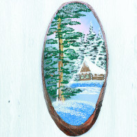 14160506 - Картина на спиле дерева домик в зимнем лесу 40 см.