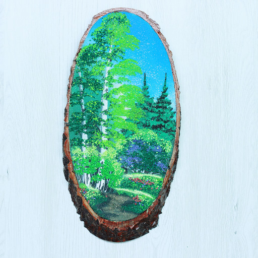 14160437 - Картина на спиле дерева лесная тропинка у берез 35 см лето.