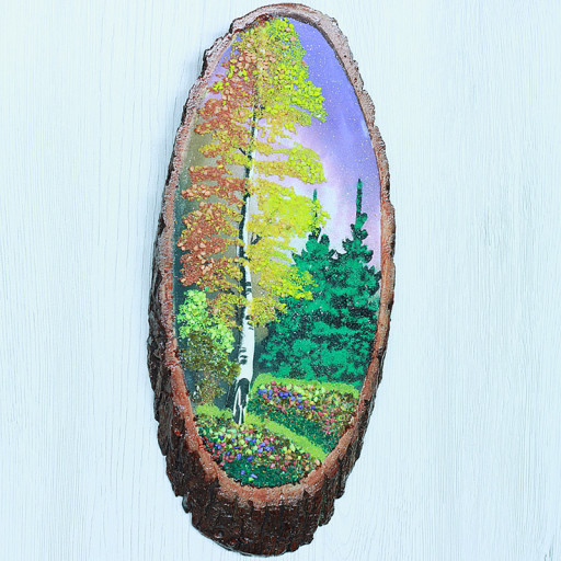 14160363 - Картина на спиле дерева одинокая береза 30 см осень.