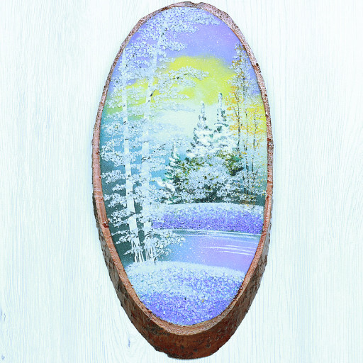 14160405 - Картина на спиле дерева утренний лес 35 см зима.