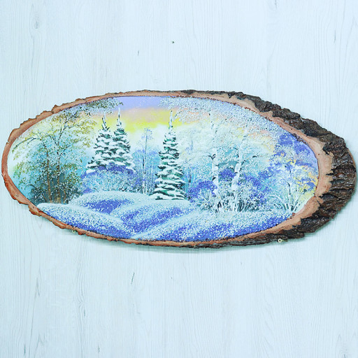 14161015 - Картина на спиле дерева утренний лес 65 см зима