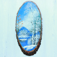 14160501 - Картина на спиле дерева русские березы 40 см зима.