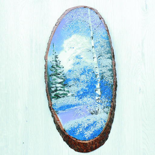 14160603 - Картина на спиле дерева одинокая береза 45 см зима.