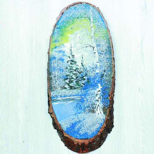 14160605 - Картина на спиле дерева утренний лес 45 см зима.