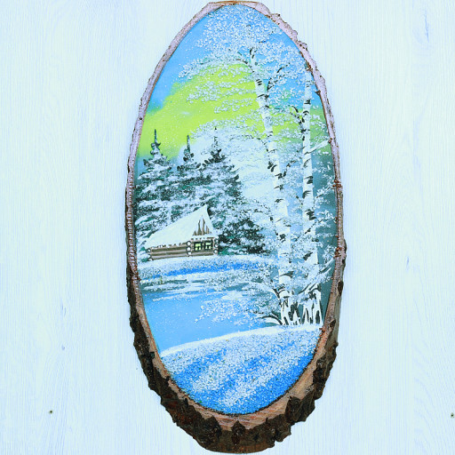 14160706 - Картина на спиле дерева домик в зимнем лесу 50 см